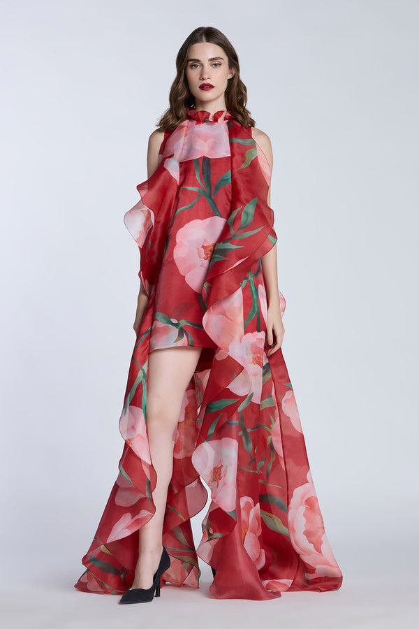 HIGH LOW SHIFT DRESS WITH CASCADING RUFFLES