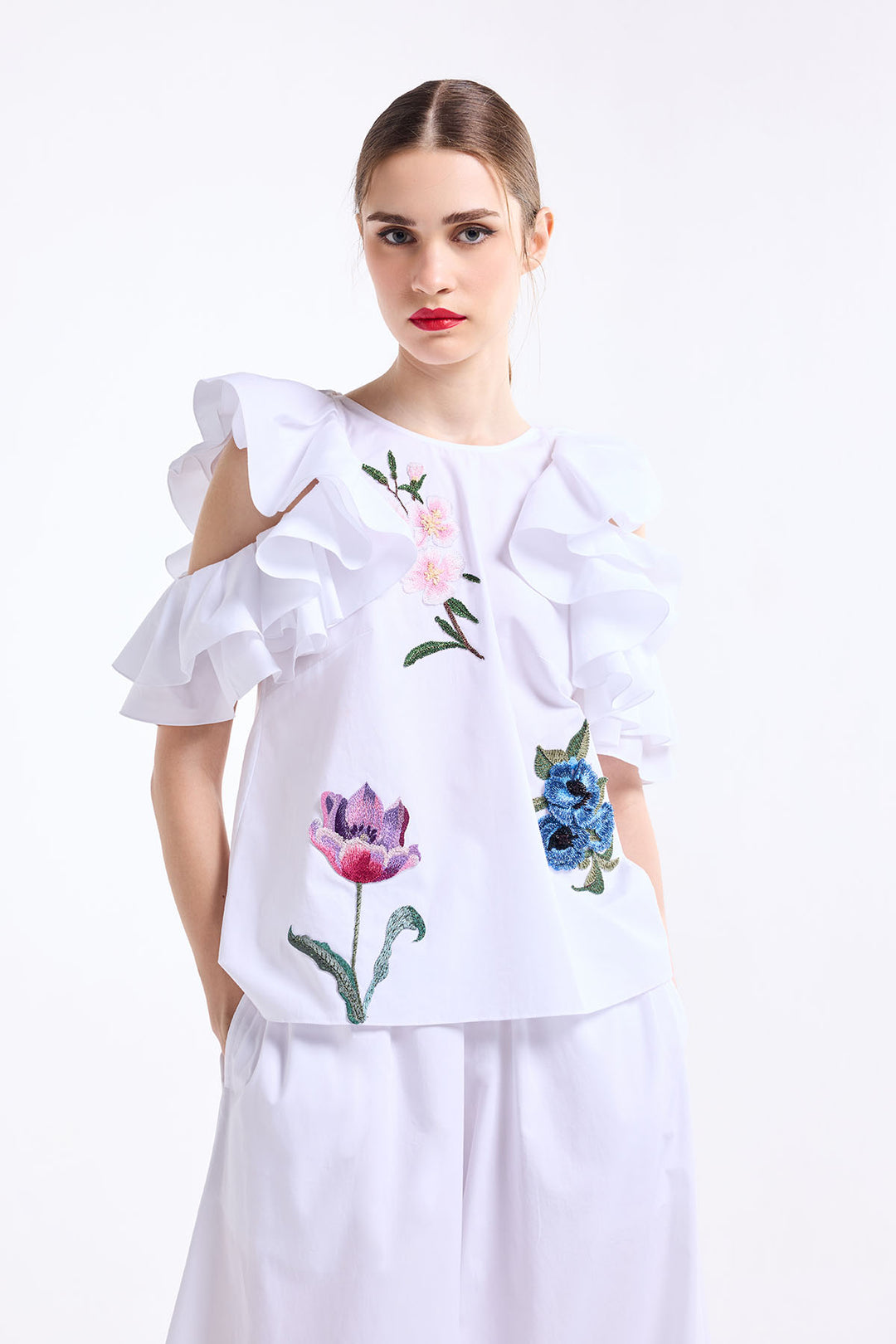 COLD SHOULDER RUFFLE TOP WITH WIDE LEG PANT