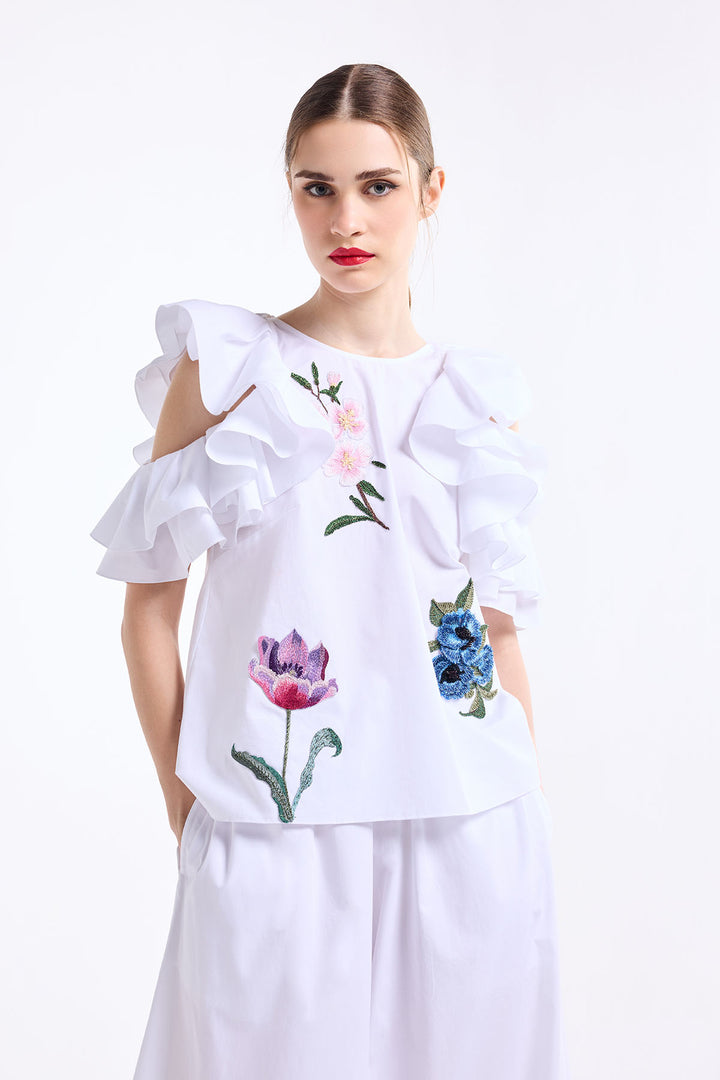 COLD SHOULDER RUFFLE TOP WITH WIDE LEG PANT