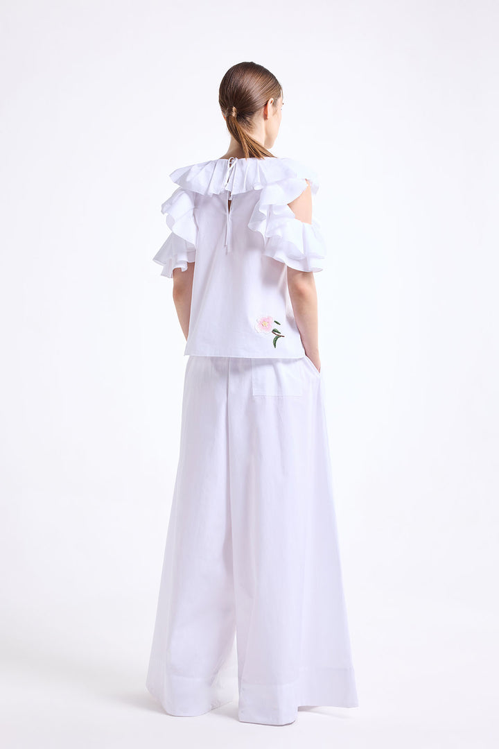 COLD SHOULDER RUFFLE TOP WITH WIDE LEG PANT