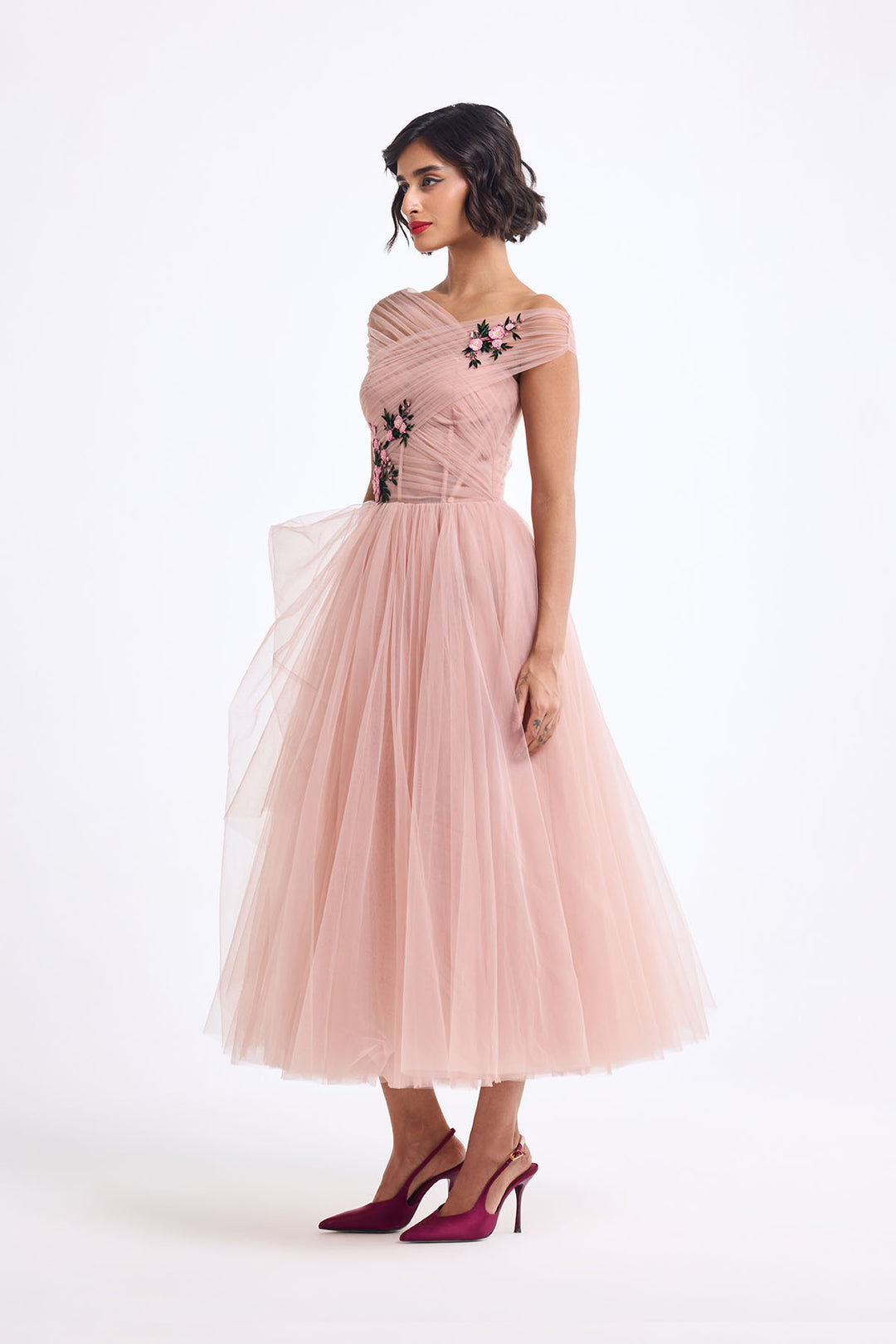 OFF SHOULDER DRAPED MIDI