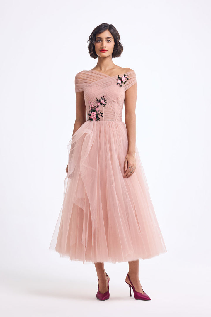 OFF SHOULDER DRAPED MIDI