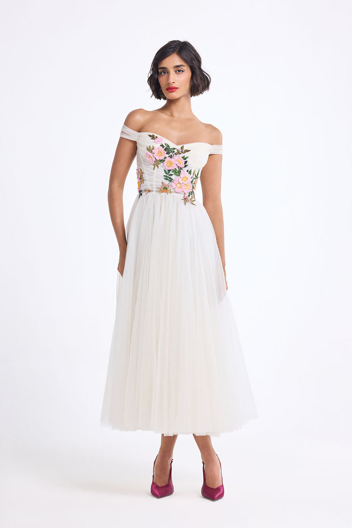 OFF SHOULDER DRAPED MIDI