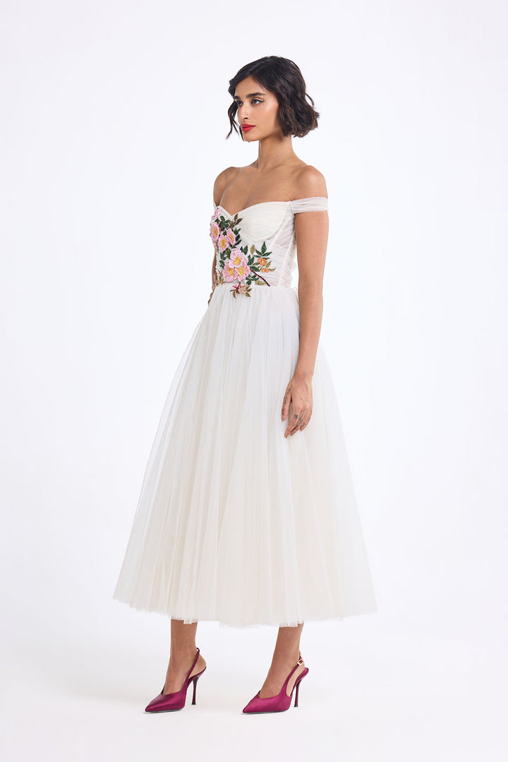 OFF SHOULDER DRAPED MIDI