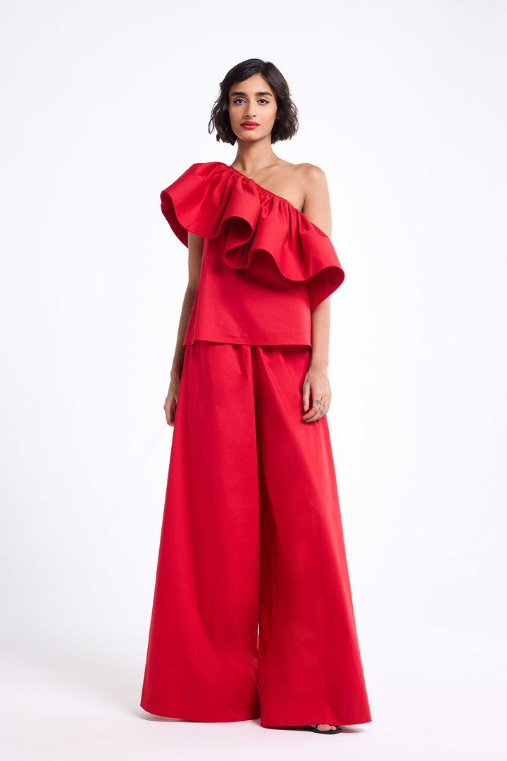 ONE SHOULDER HORSE HAIR RUFFLE TOP WITH WIDE LEG PANT