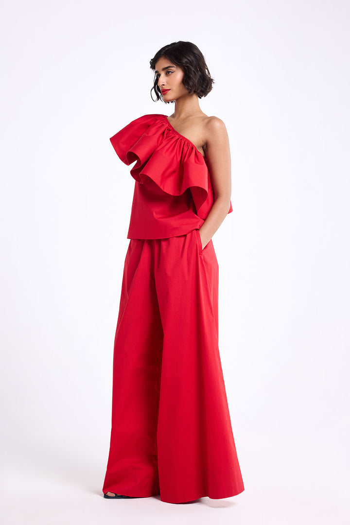ONE SHOULDER HORSE HAIR RUFFLE TOP WITH WIDE LEG PANT