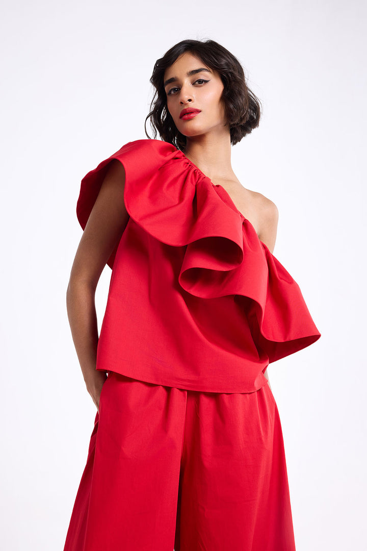 ONE SHOULDER HORSE HAIR RUFFLE TOP WITH WIDE LEG PANT