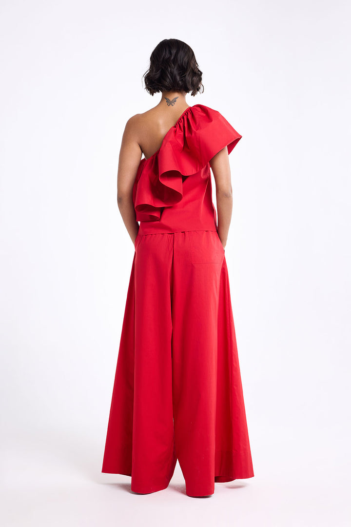 ONE SHOULDER HORSE HAIR RUFFLE TOP WITH WIDE LEG PANT