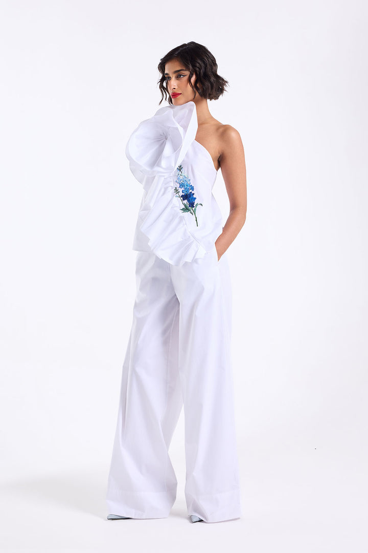 ONE SHOULDER RUFFLE TOP WITH STRAIGHT FIT PANT