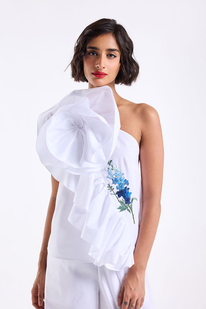 ONE SHOULDER RUFFLE TOP WITH STRAIGHT FIT PANT