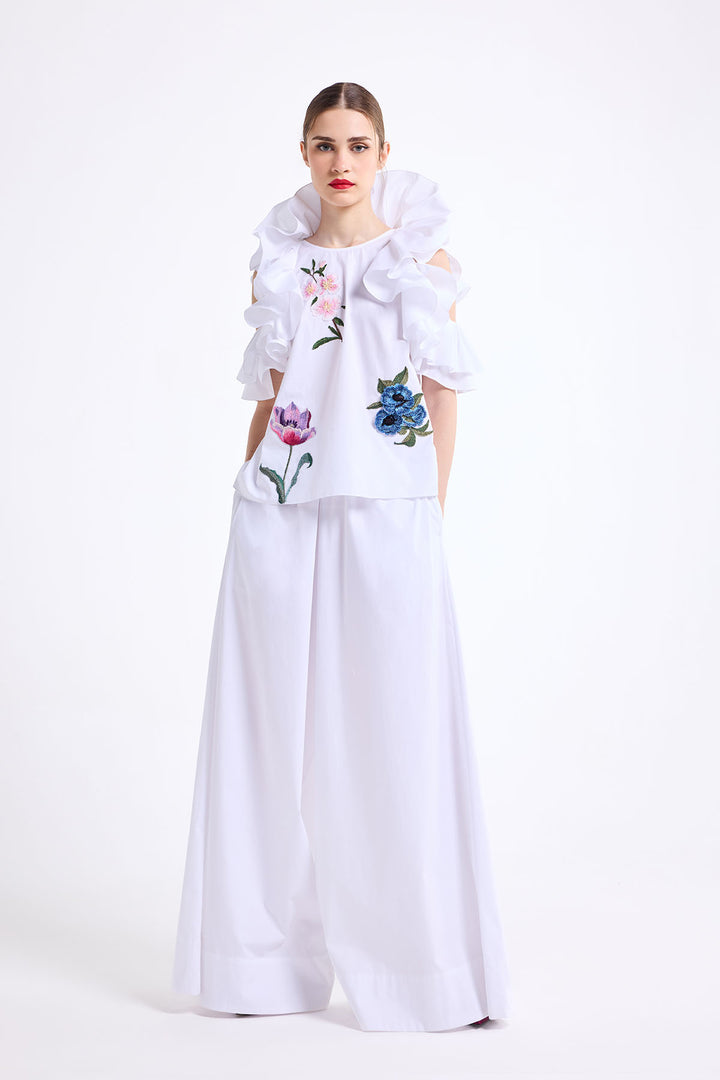 COLD SHOULDER RUFFLE TOP WITH WIDE LEG PANT