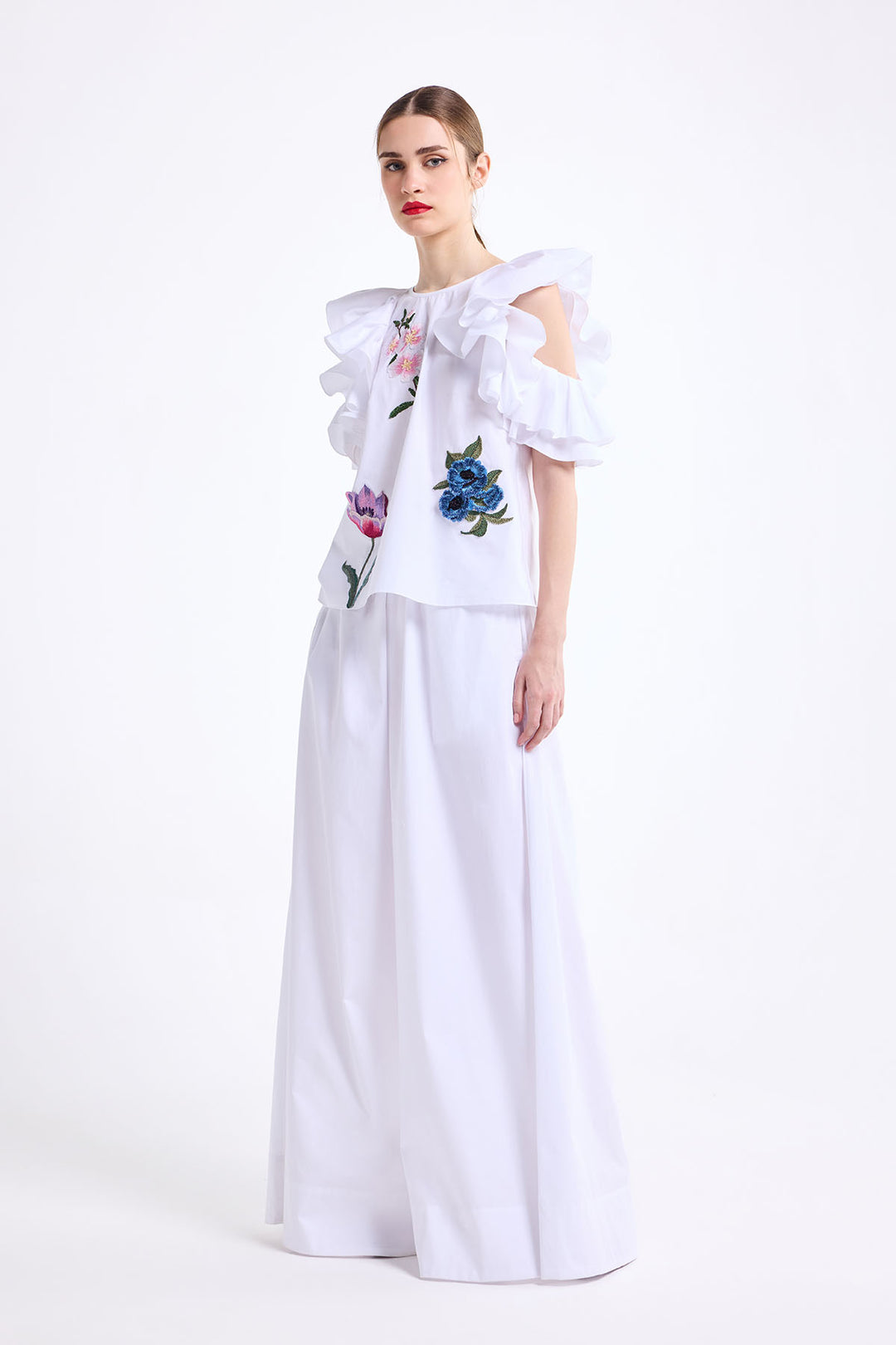 COLD SHOULDER RUFFLE TOP WITH WIDE LEG PANT