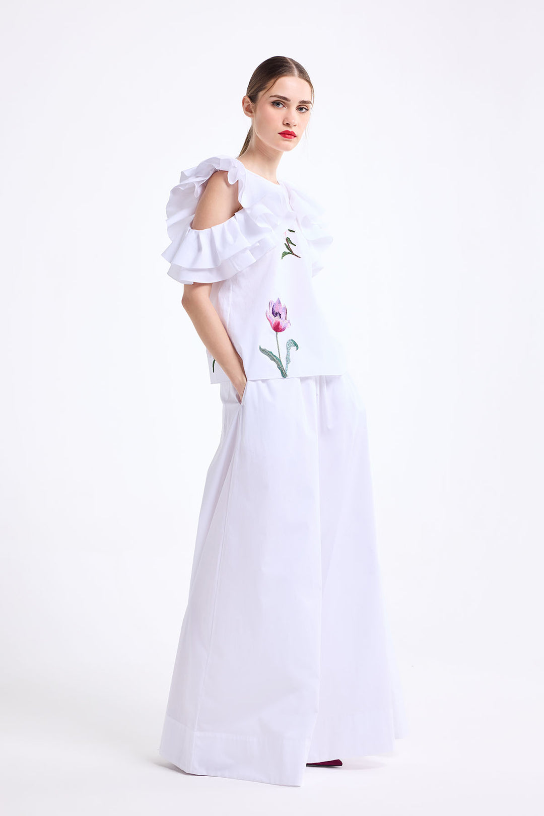 COLD SHOULDER RUFFLE TOP WITH WIDE LEG PANT