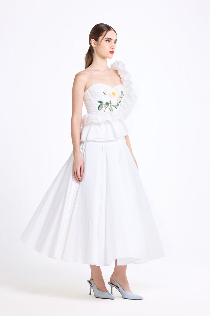 CORSETTED ONE SHOULDER RUFFLE TOP