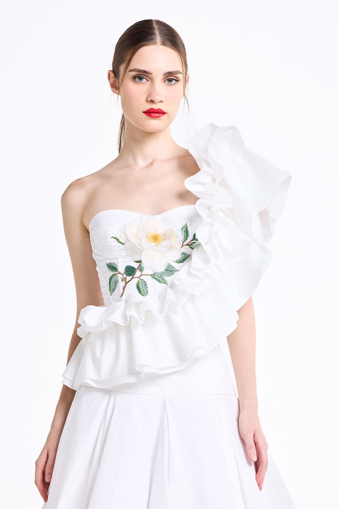 CORSETTED ONE SHOULDER RUFFLE TOP