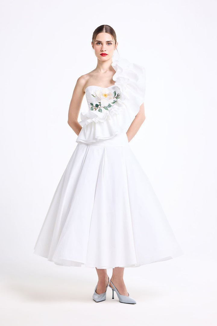 CORSETTED ONE SHOULDER RUFFLE TOP