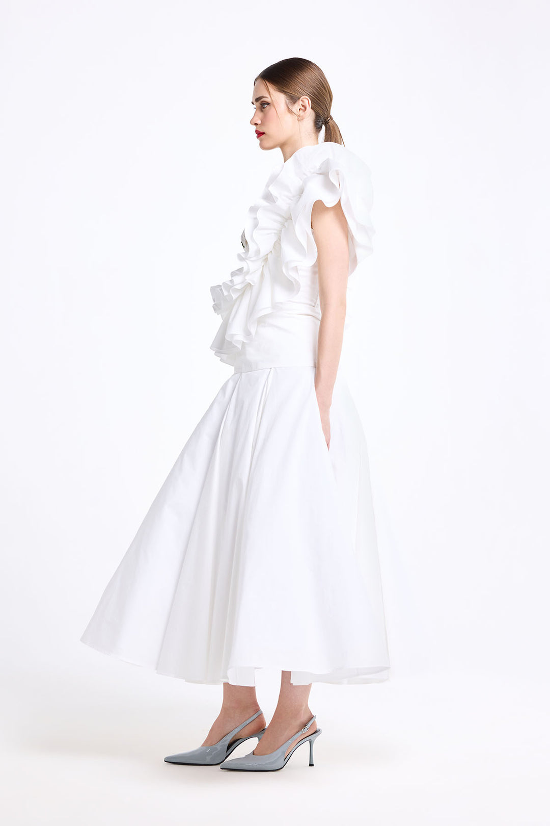 CORSETTED ONE SHOULDER RUFFLE TOP