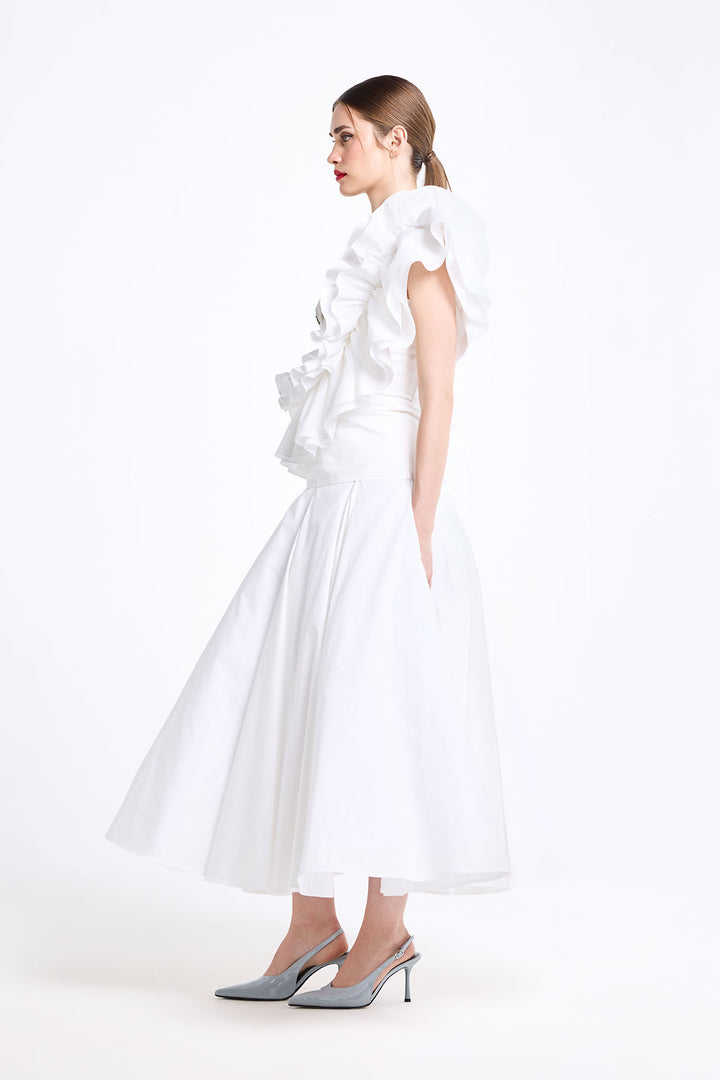 CORSETTED ONE SHOULDER RUFFLE TOP