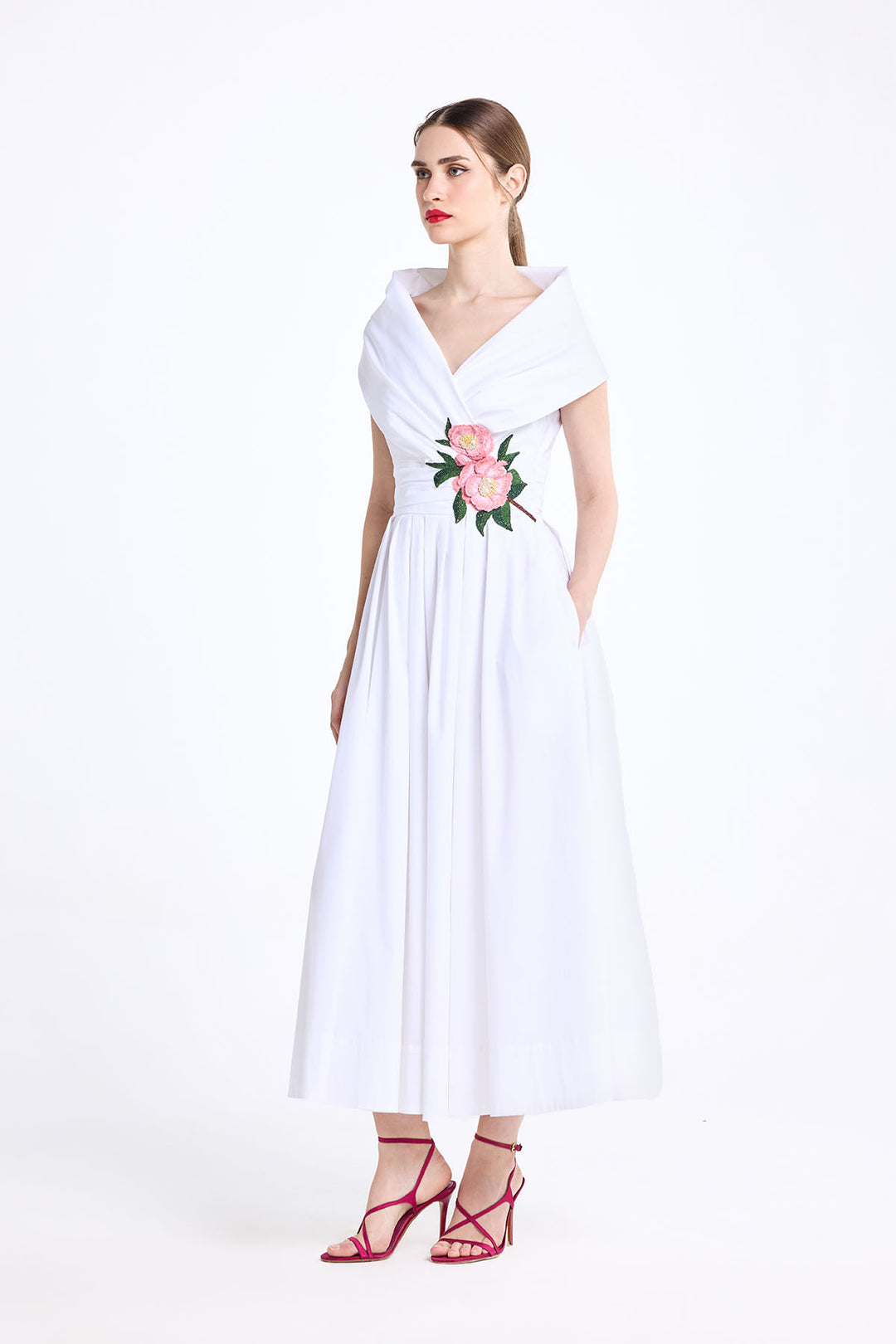 DRAPED SHAWL COLLAR MIDI WITH FIXED WAISTBAND
