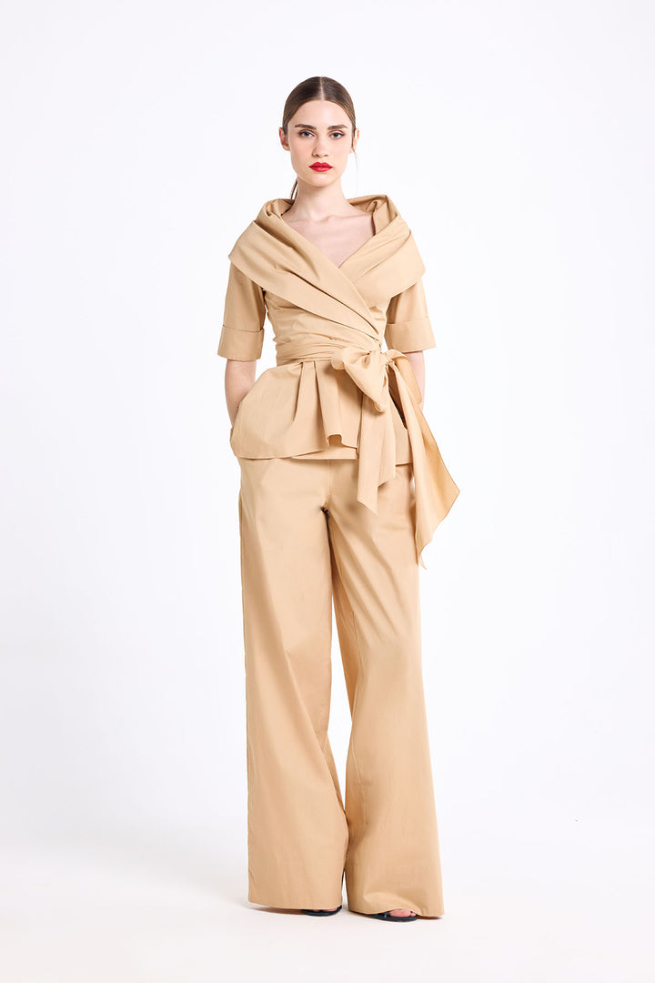SHAWL COLLAR WRAP TOP WITH STRAIGHT FIT PANT