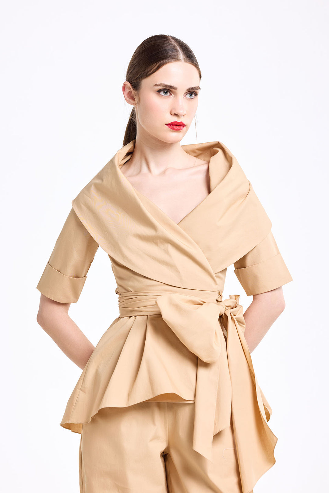 SHAWL COLLAR WRAP TOP WITH STRAIGHT FIT PANT