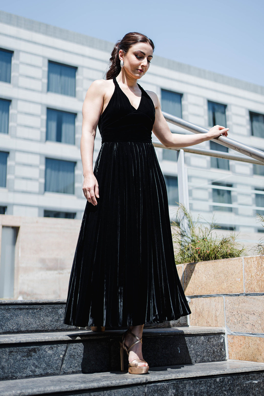 Low Back Grecian Inspired Black Velvet Dress – Gauri and Nainika Low Back Grecian Inspired Black Velvet Dress – Gauri and Nainika