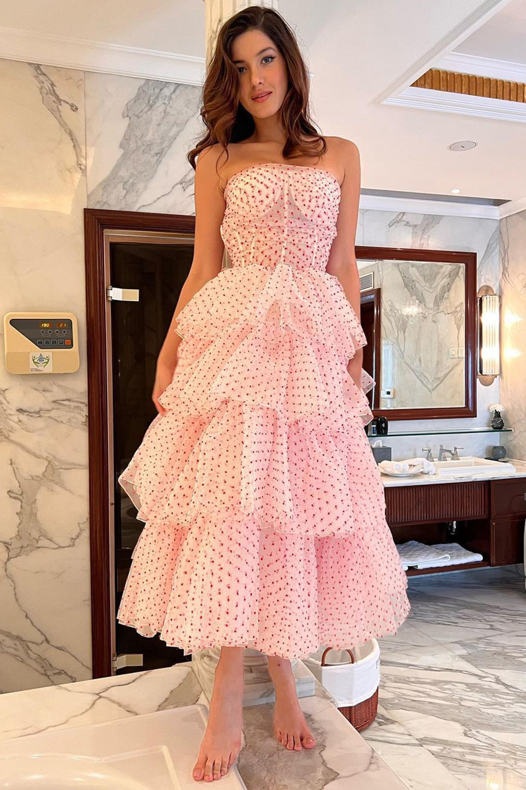 Shanaya Kapoor in Pink Strapless Plumetis Organza Dress