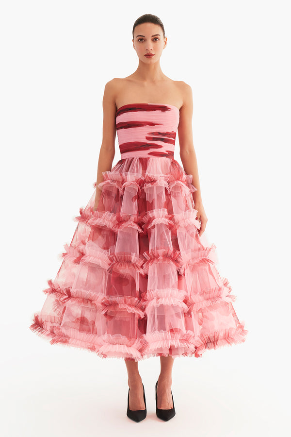 Strapless Draped Midi with Ruffle Detailing on Bust and Hem