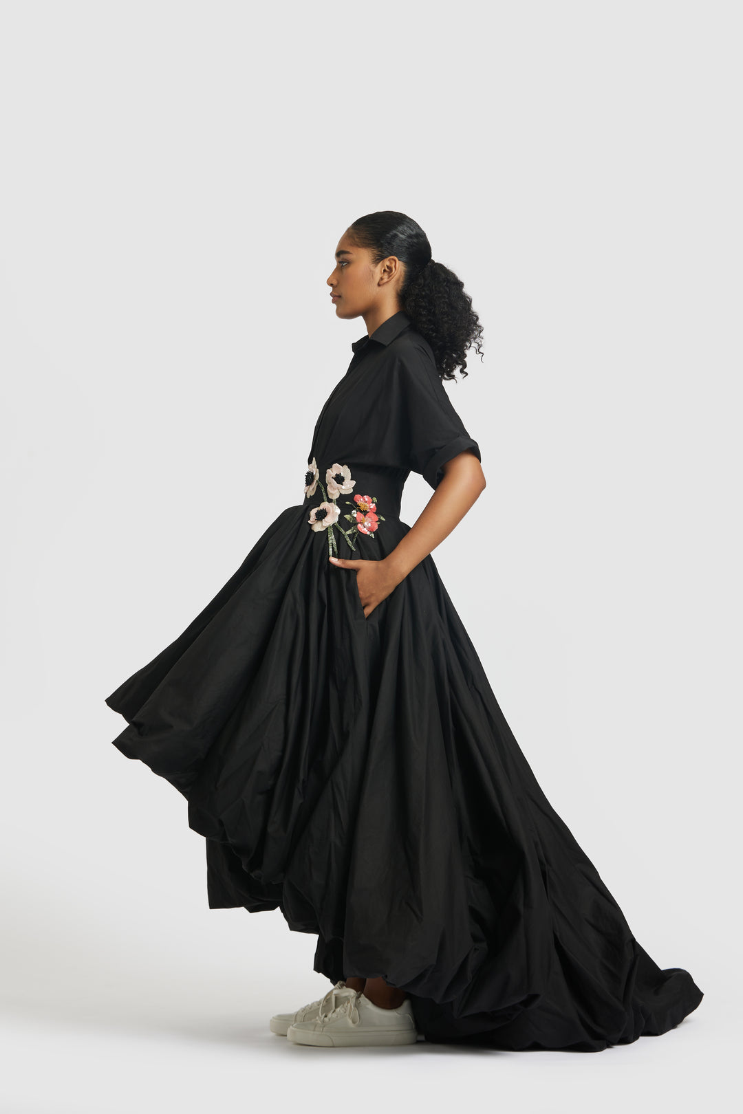 black cotton high low dress Black Cotton Flax Frilled Neck Ankle Length Dress 44" / Regular (5'2"