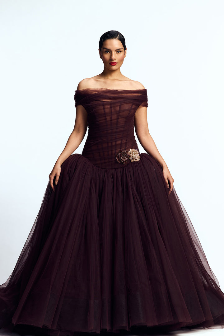 OFF SHOULDER DRAPED TULLE GOWN