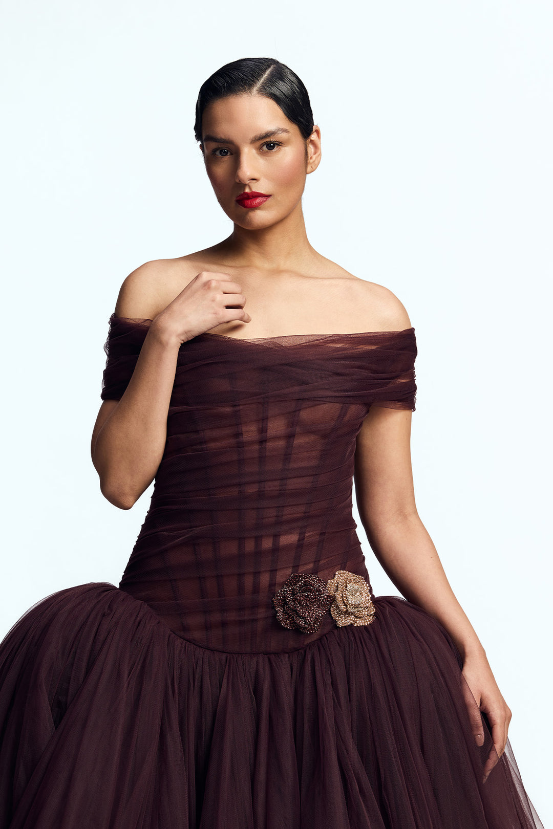 OFF SHOULDER DRAPED TULLE GOWN