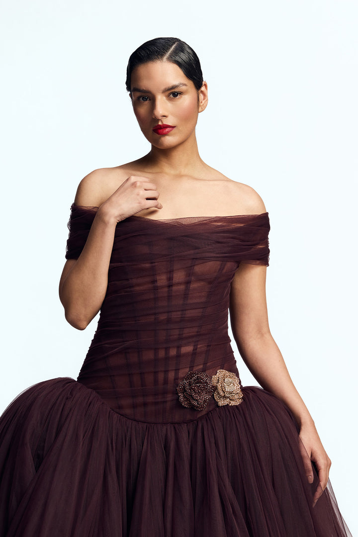 OFF SHOULDER DRAPED TULLE GOWN