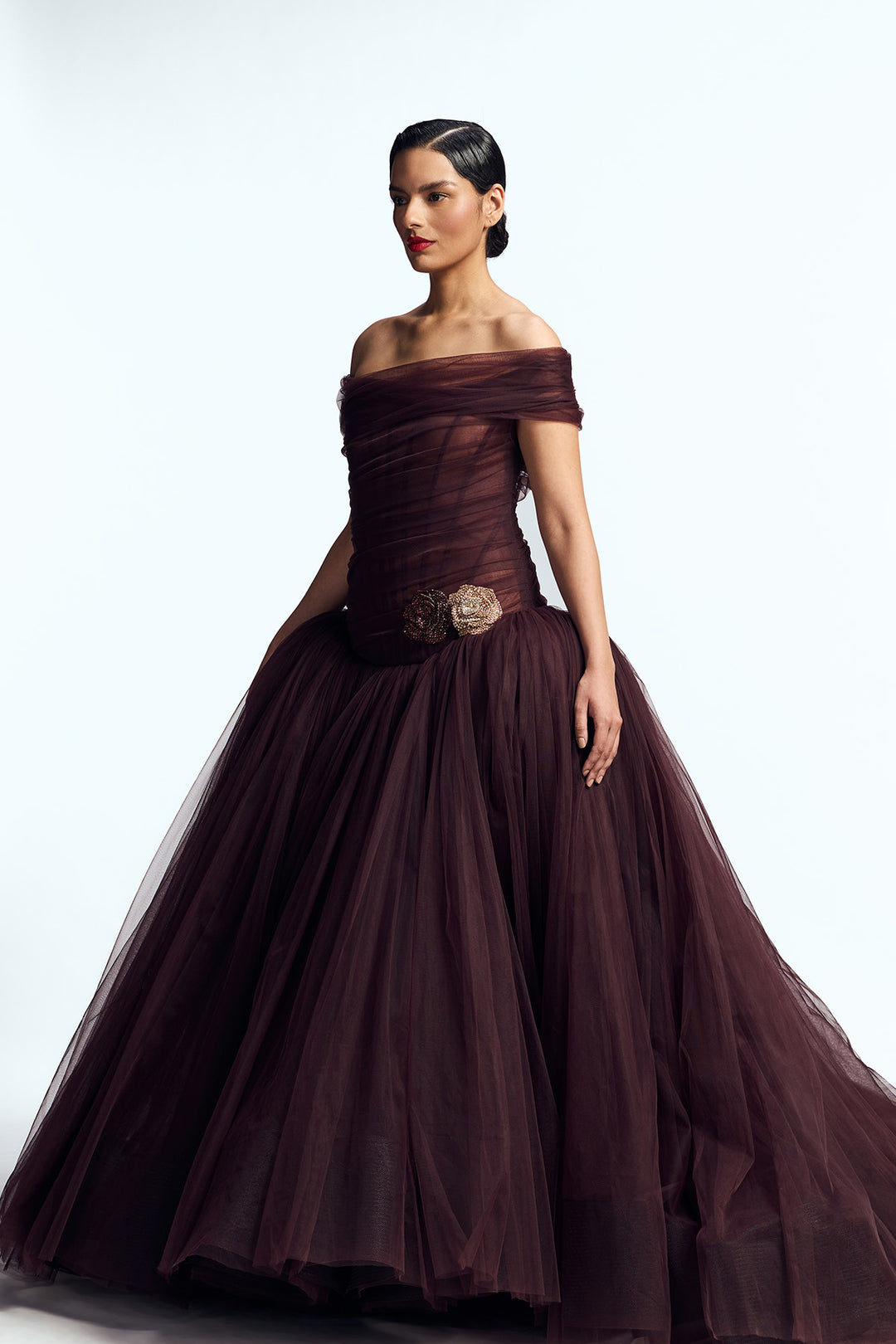 OFF SHOULDER DRAPED TULLE GOWN