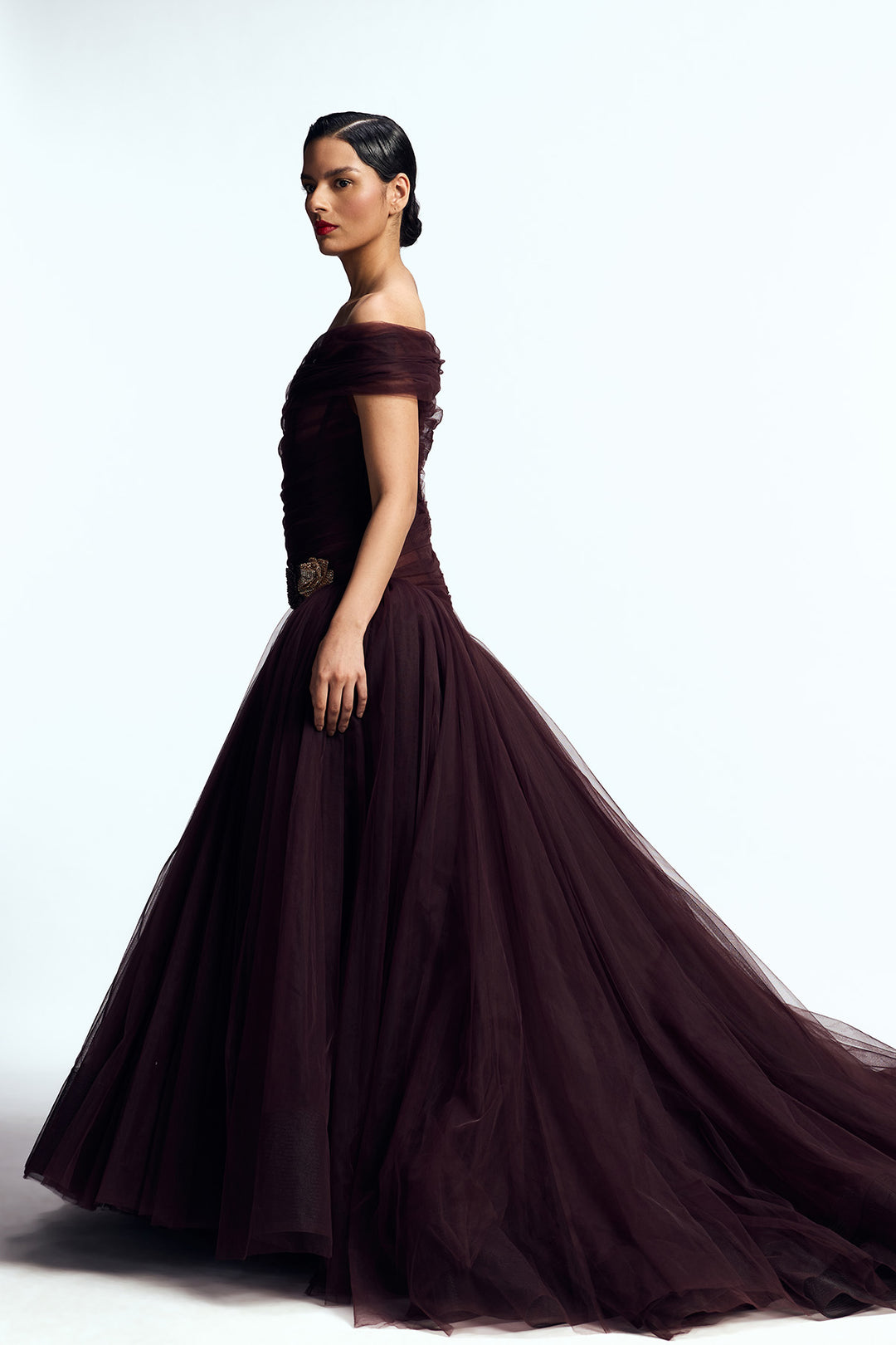 OFF SHOULDER DRAPED TULLE GOWN