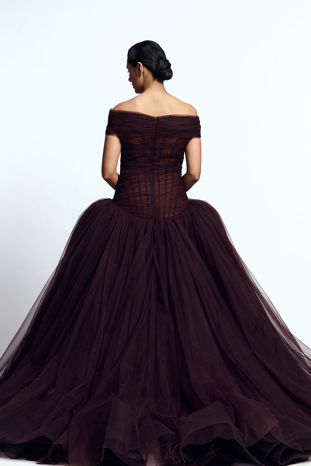 OFF SHOULDER DRAPED TULLE GOWN
