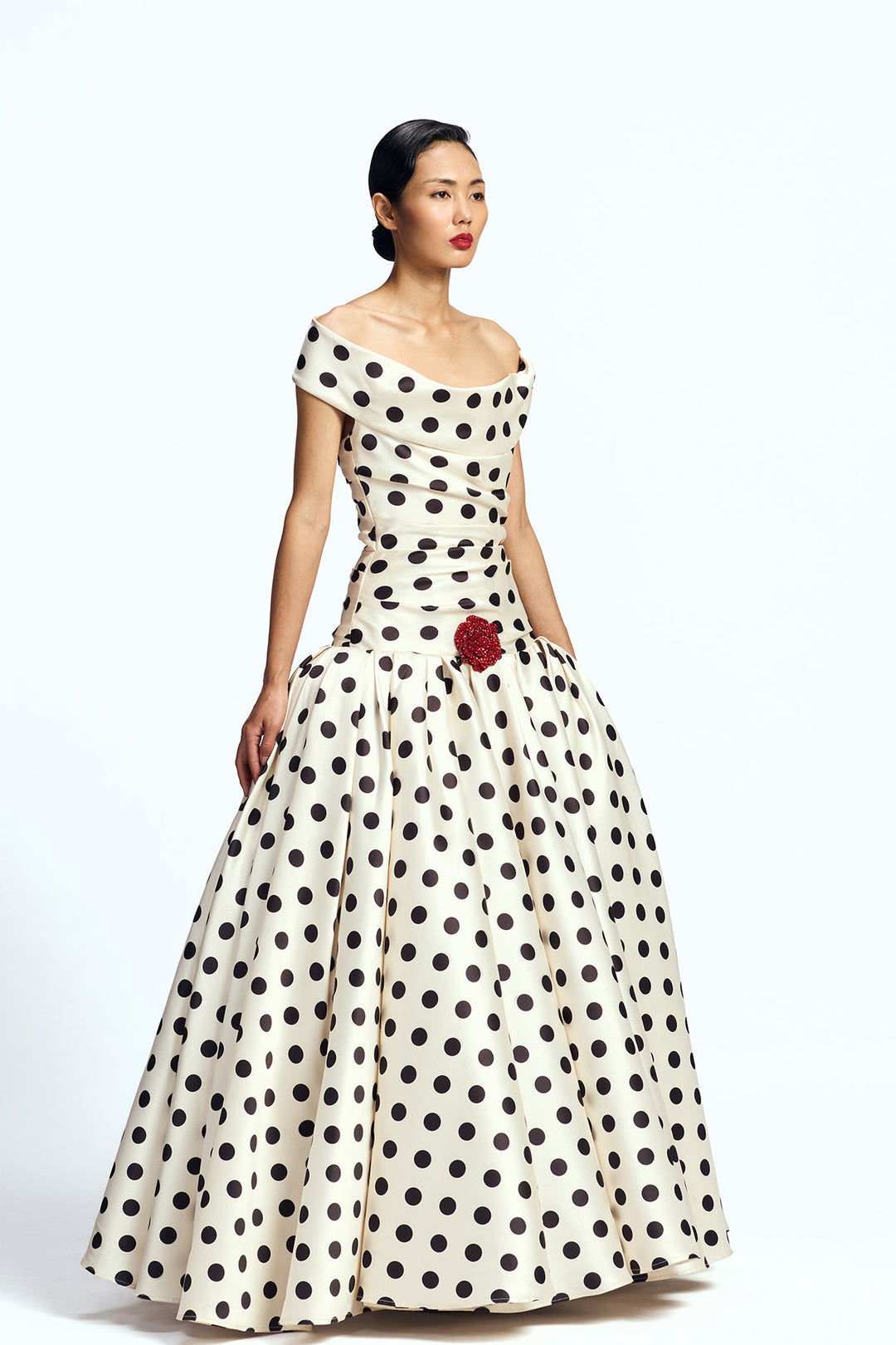 OFF SHOULDER DROP-WAISTED GOWN