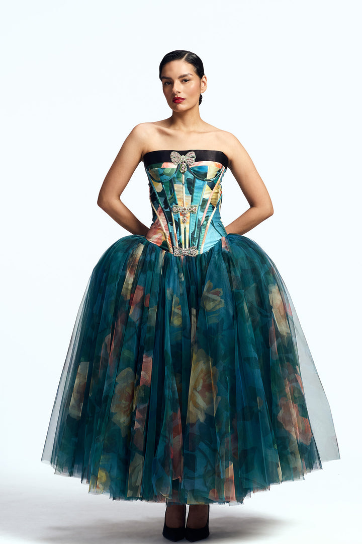PANELED CORSETED DRESS WITH CRYSTAL BOW