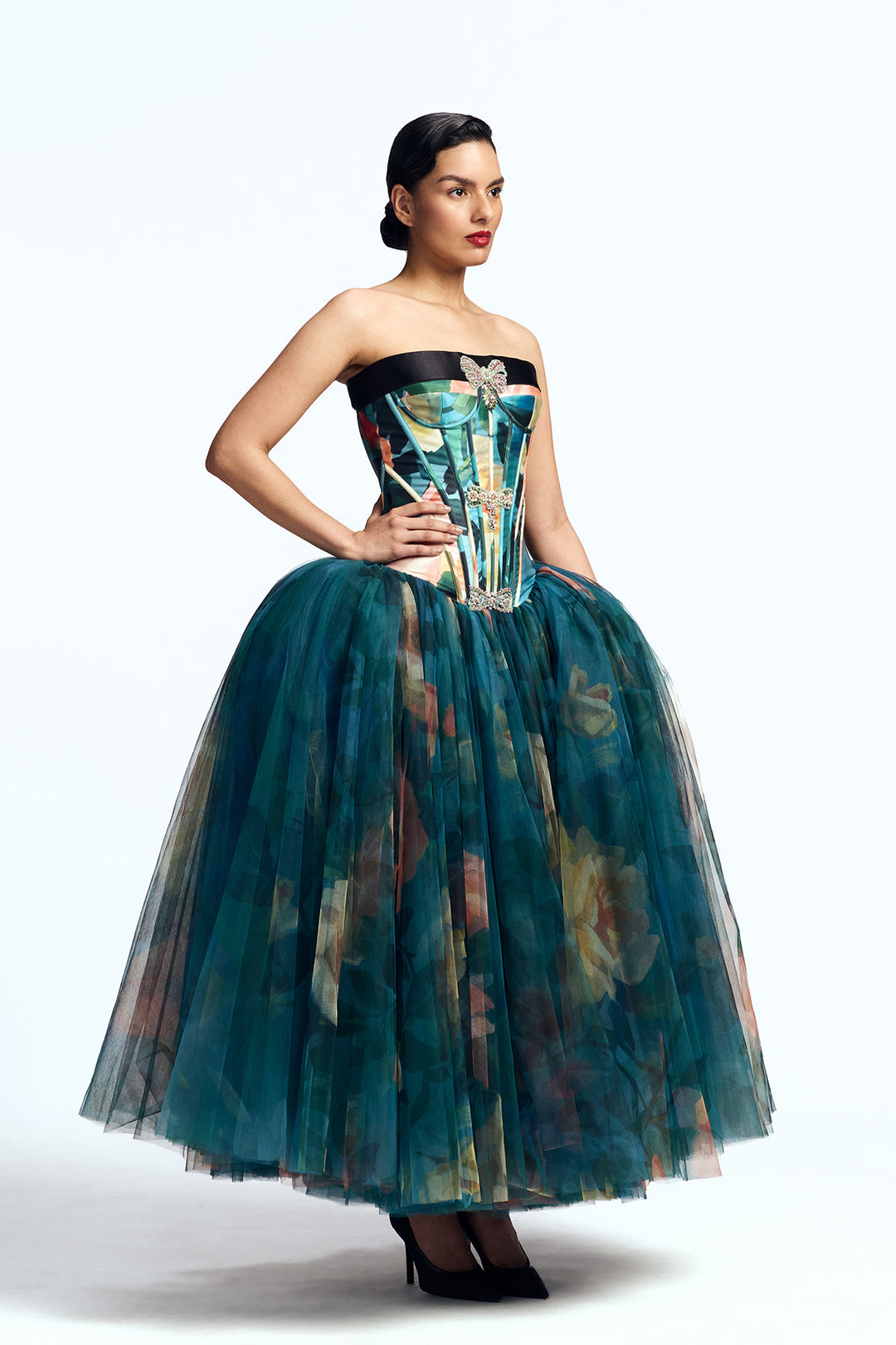 PANELED CORSETED DRESS WITH CRYSTAL BOW