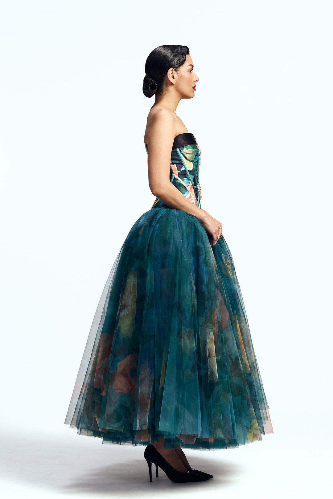 PANELED CORSETED DRESS WITH CRYSTAL BOW
