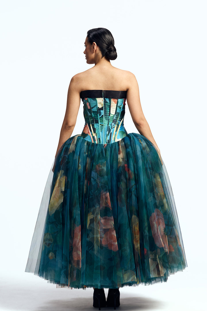 PANELED CORSETED DRESS WITH CRYSTAL BOW