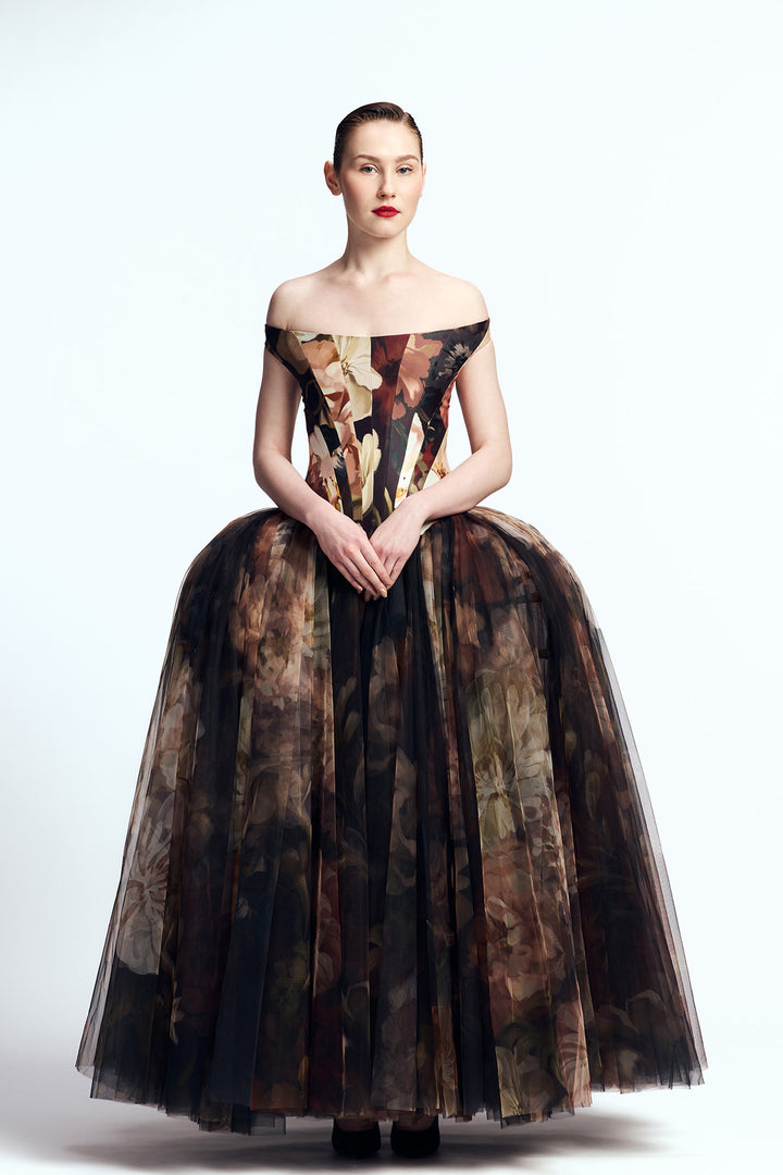 OFF SHOULDER PANEL CORSETED MAXI