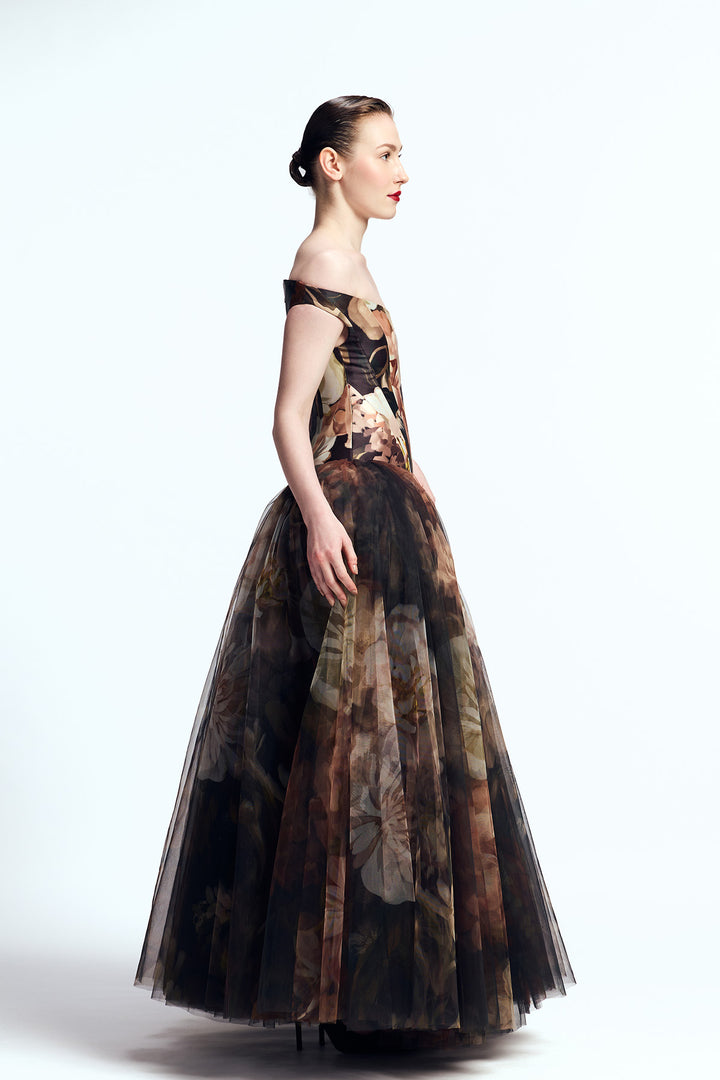OFF SHOULDER PANEL CORSETED MAXI