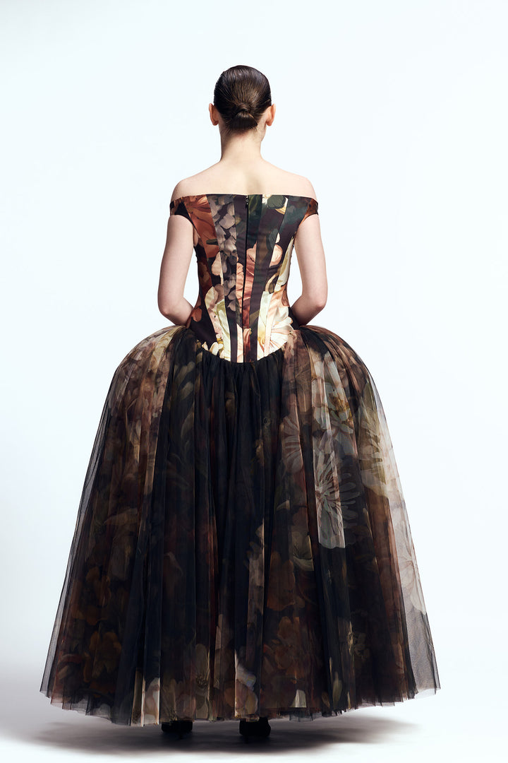 OFF SHOULDER PANEL CORSETED MAXI