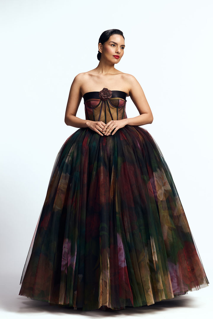 CORSETED TULLE MAXI DRESS
