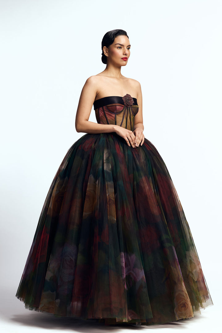 CORSETED TULLE MAXI DRESS