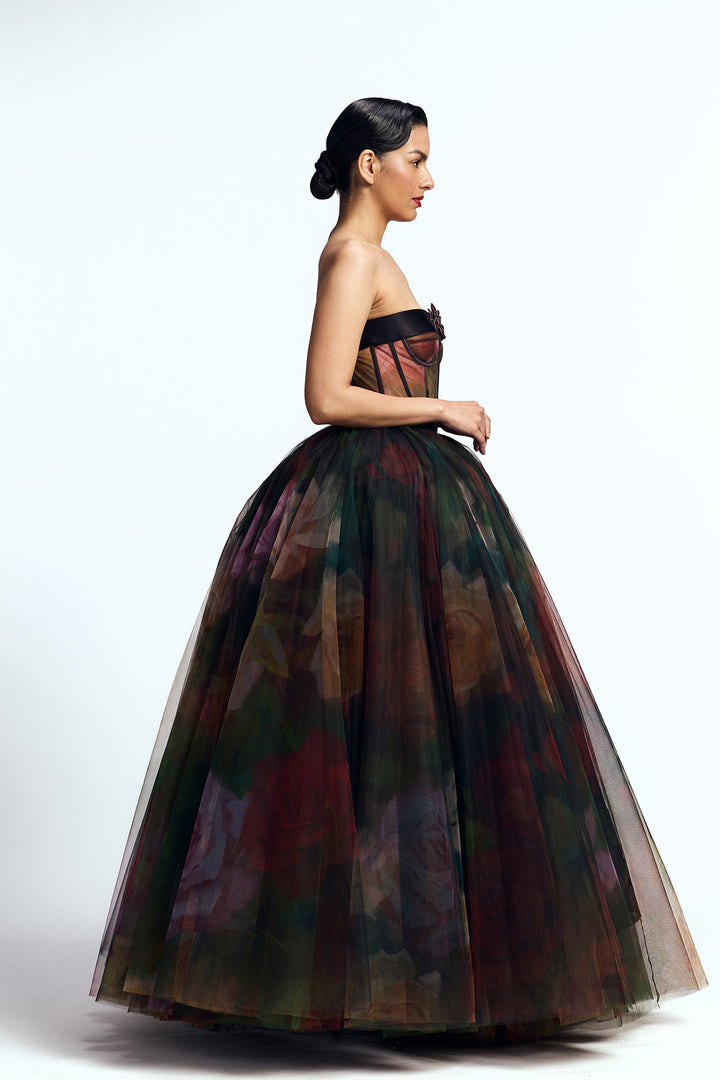 CORSETED TULLE MAXI DRESS