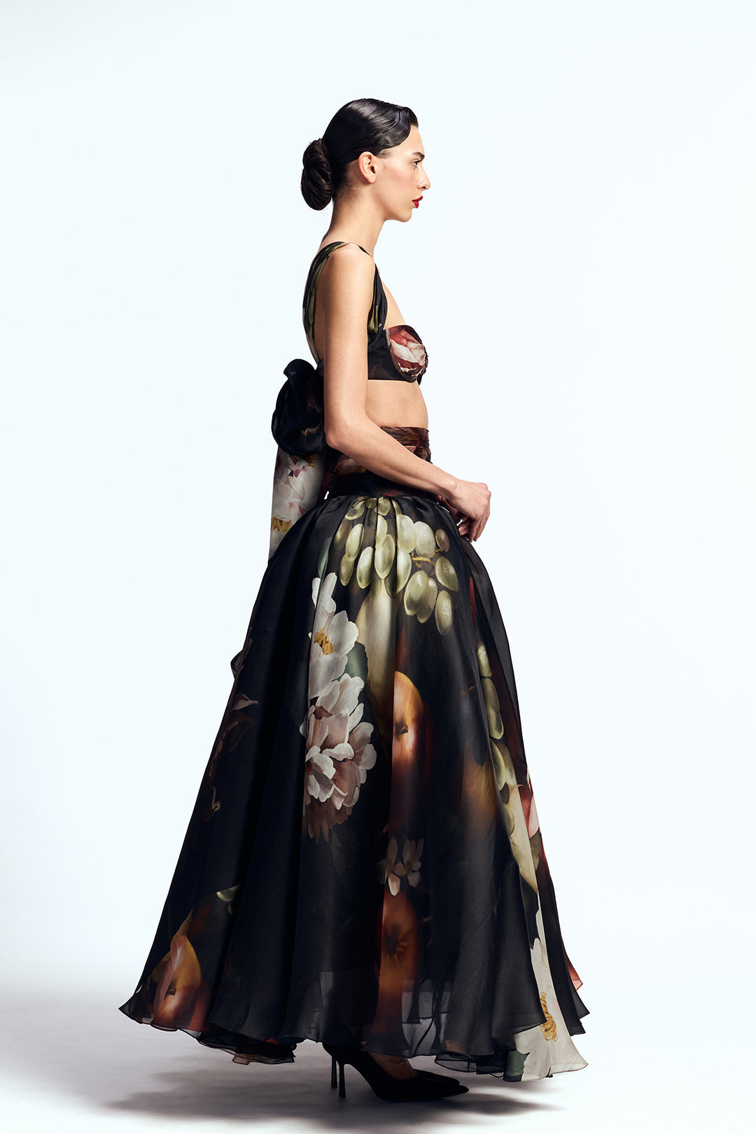 DRAPED BUSTIER PAIRED WITH DROPPED WAISTED SKIRT