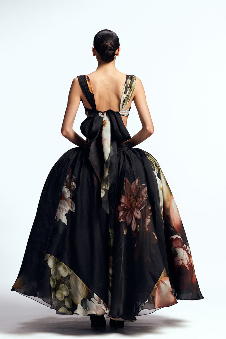 DRAPED BUSTIER PAIRED WITH DROPPED WAISTED SKIRT