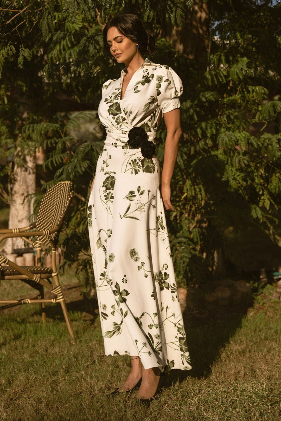 Esha Gupta in Printed Shirt Dress with Black Velvet Roses