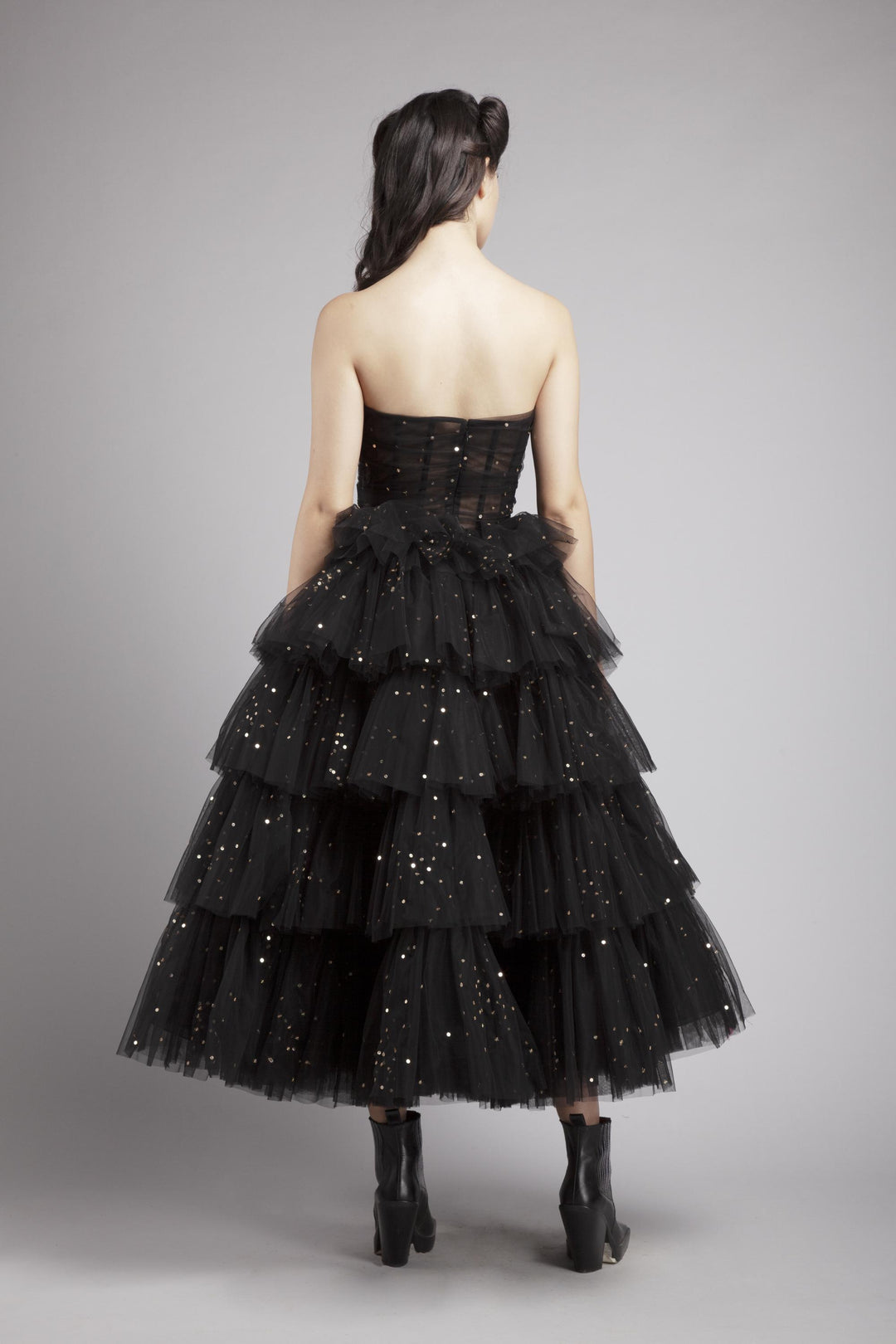 Corsetted tiered midi with sequined embroidery